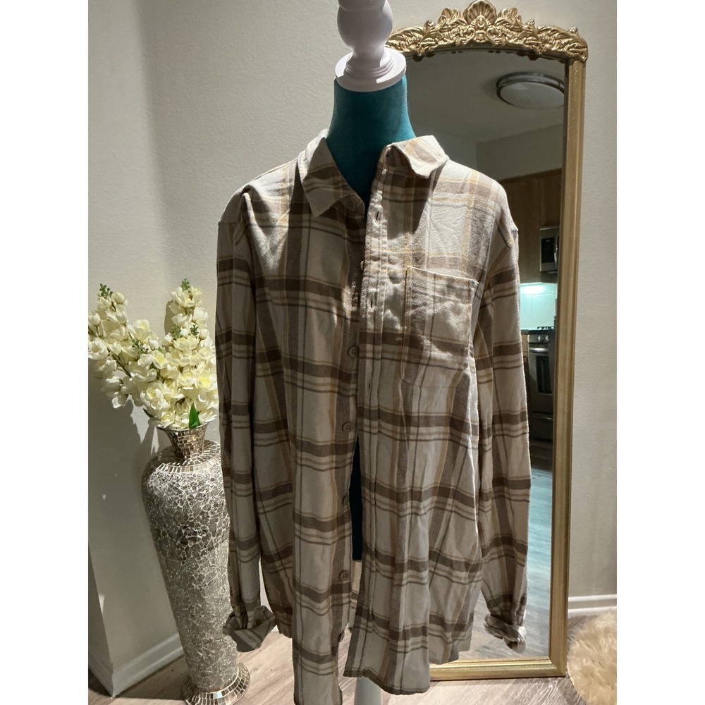 Mens Plaid Flannel Button Down Shirt Cream Tan Brown Long Sleeve Casual Top